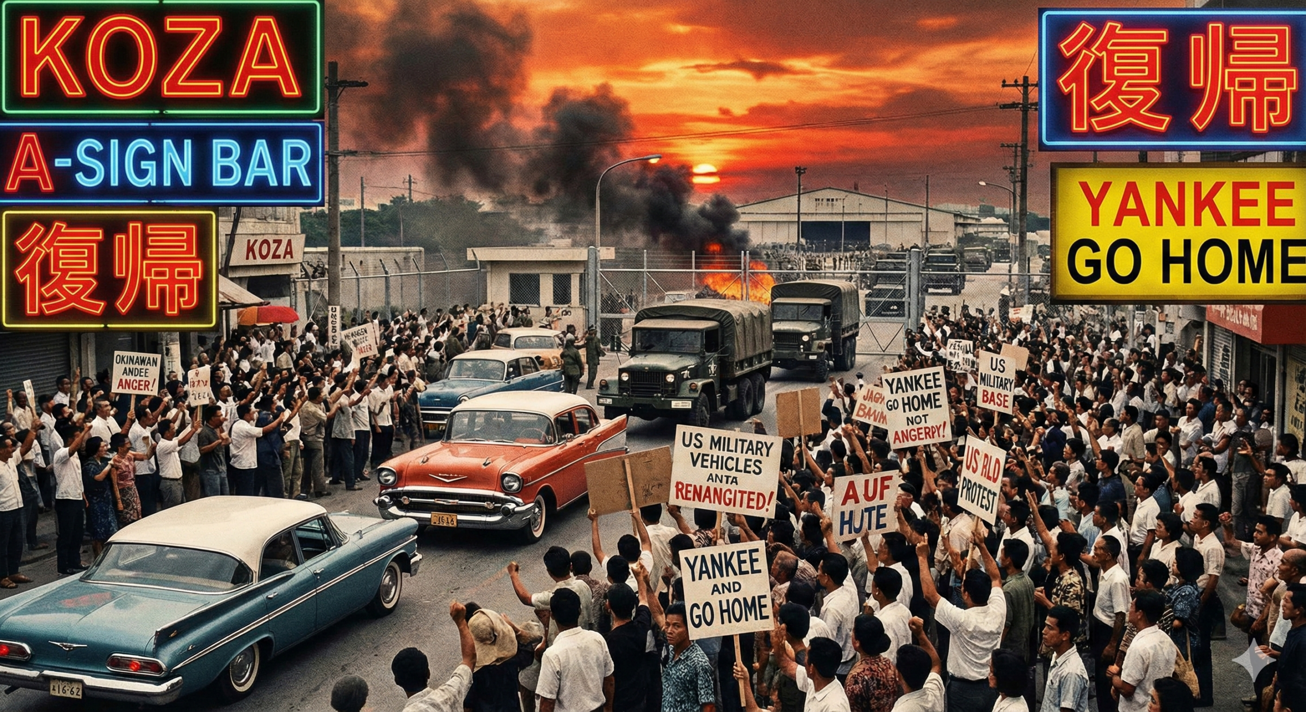 コザの嘉手納基地ゲート前で、たくさんの人が抗議デモに詰めかけている。